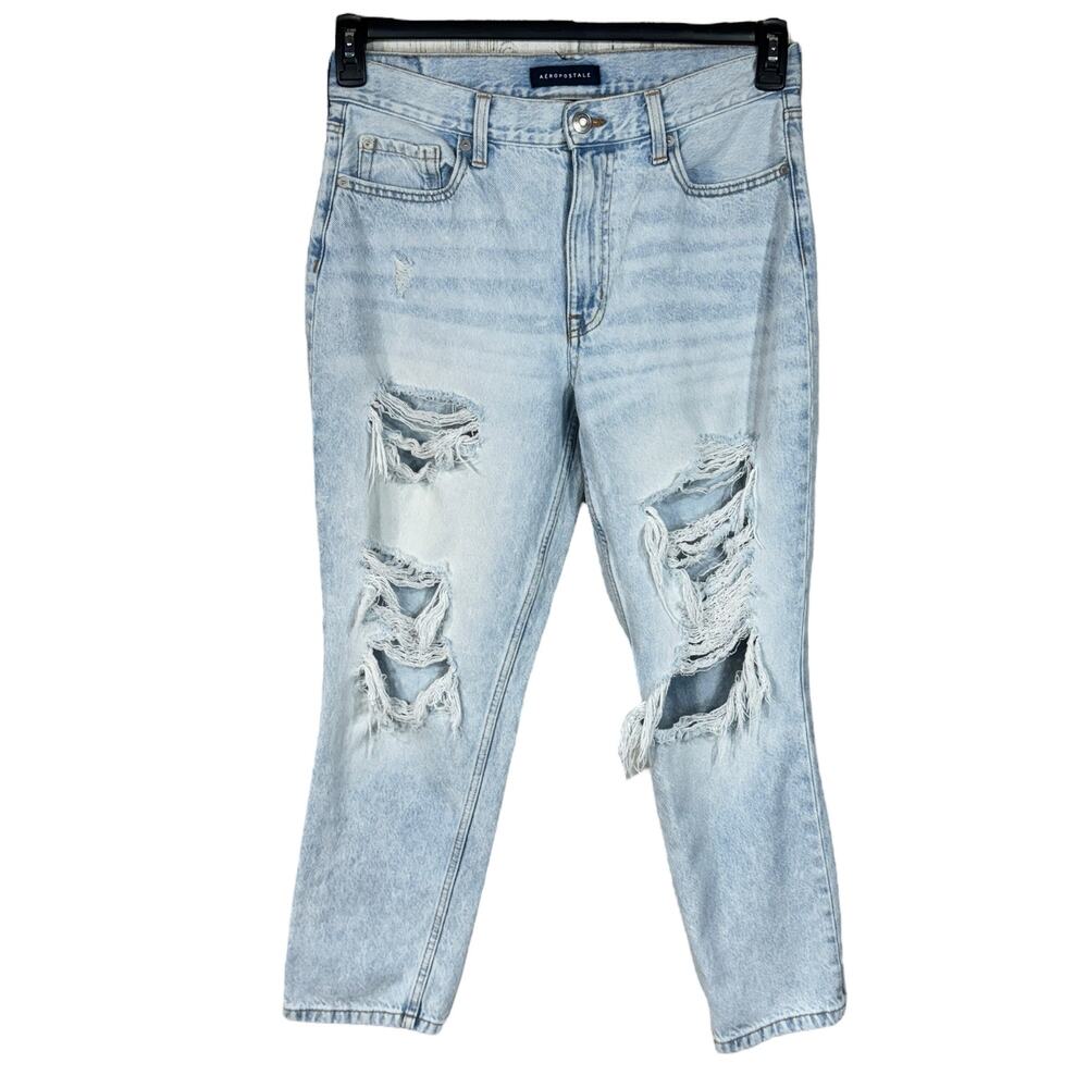 Aeropostale SZ 10 Mom Jeans Distressed Rips Hi-Rise Light Wash Zip-Fly Pockets